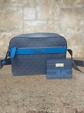 Michael Kors Cooper Utility Messenger & Card Holder Denim Multi Unisex Blue Logo